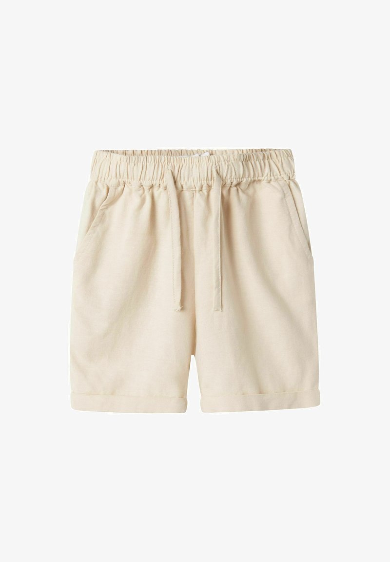 Beige bomullsshorts med elastisk midje, snor og sidelommer. Slette tekstur og rullet kantdetalj.