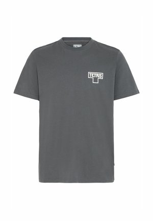 Dark gray short-sleeve T-shirt with a small white Tetris logo on the left chest and a round neckline.