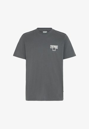 Dunkelgraues T-Shirt mit kurzen Ärmeln, einem kleinen weißen Tetris-Logo auf der linken Brust und einem Rundhalsausschnitt.