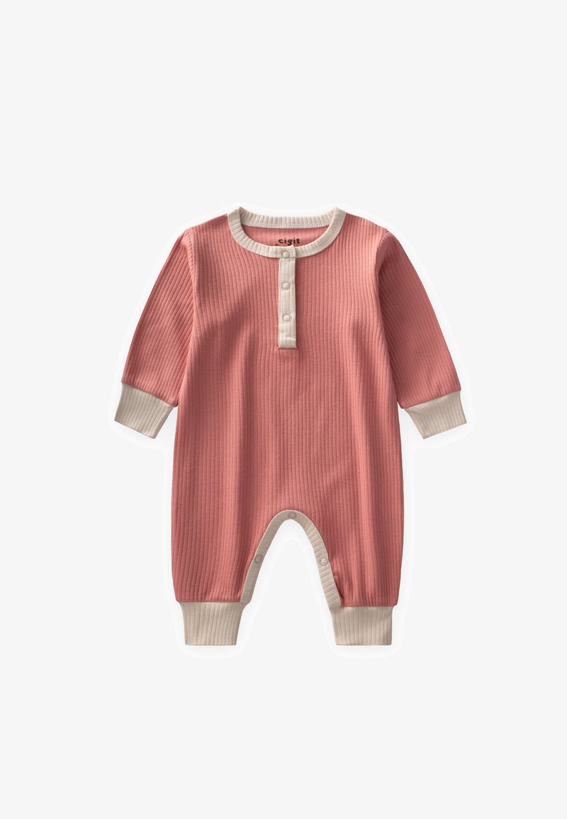 Rozā ribots bērnu kombinezons ar bēša krāsas apmalēm apkaklē, manšetēs, pogu joslā un kāju atvērumos, ar aizdares pogām kājās un priekšpusē.