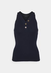 Top sin mangas de canalé en color azul marino con escote en V, que presenta tres botones metálicos en el cuello y una silueta ajustada.