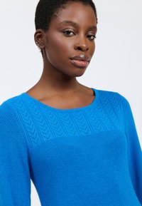 Frau mit kurzen Haaren, die einen leuchtend blauen, gemusterten Strickpullover trägt und selbstbewusst in die Kamera schaut, vor einem schlichten Hintergrund.