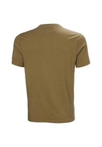 Camiseta marrón lisa de manga corta vista desde atrás sobre un fondo blanco.