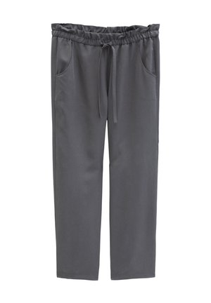 Pantalon droit gris foncé avec taille élastique, cordon de serrage et poches latérales avant, conçu pour un usage décontracté.