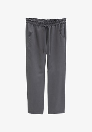 Pantalon droit gris foncé avec taille élastique, cordon de serrage et poches latérales avant, conçu pour un usage décontracté.