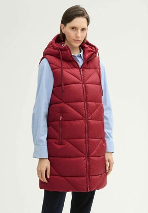 Rote, mit Kapuze, ärmellose Pufferweste mit einem gesteppten Rautenmuster, Frontreißverschluss und seitlichen Taschen. Hergestellt aus einem glatten, leichten Material.