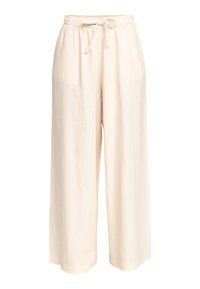Pantalon à jambes larges couleur crème avec taille élastique et cordon de serrage, fabriqué en tissu léger.