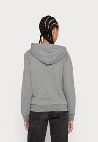Grijze hoodie met een losse pasvorm, geribbelde manchetten en zoom, en een zachte textuur. Geëxposeerd vanaf de achterkant met een zwarte jeans.