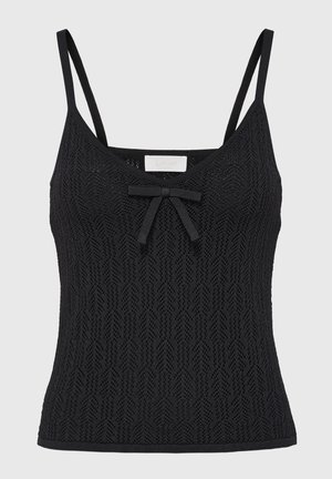 Zwarte gebreide tanktop met dunne bandjes, met een textuurpatroon en een decoratieve strik bij de halslijn. Eenvoudige effen zoom.