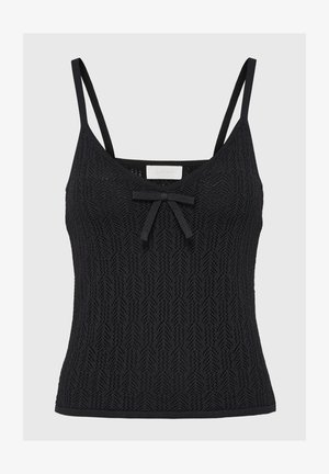 Top di maglia nera con spalline sottili, caratterizzato da un motivo testurizzato e un fiocco decorativo sullo scollo. Orlo base uniforme.