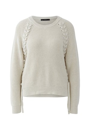 Wollpullover in Cremefarbe mit geflochtenen Details entlang der Raglanärmel, gerippten Bündchen, Saum und rundem Ausschnitt.