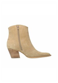 Beige suede ankle boots with a pointed toe, side zipper, and decorative stitching. Features a short stacked wooden heel.