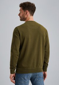 Felpa verde in cotone con collo a giro, maniche lunghe, texture morbida e polsini a costine, mostrata da dietro. Presenta un dettaglio a yoke rotondo.