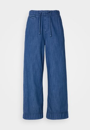 Blå vidde denim bukser med elastisk talje og snoretræk, der har en lille forlommesdetalje.