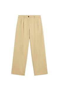 Beige hochtaillierte weit geschnittene Hosen mit vorderen Falten, Gürtelschlaufen, einem Knopfverschluss und einem Reißverschluss.