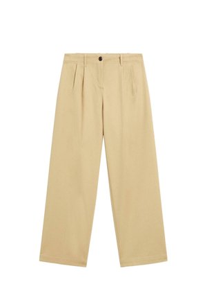 Beige hochtaillierte weit geschnittene Hosen mit vorderen Falten, Gürtelschlaufen, einem Knopfverschluss und einem Reißverschluss.