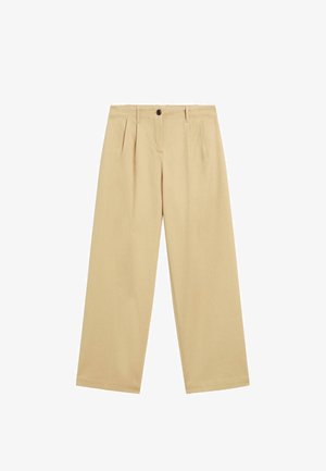 Beige high-waist wijde broek met plooien aan de voorkant, riemlussen, een knoopsluiting en een ritssluiting.