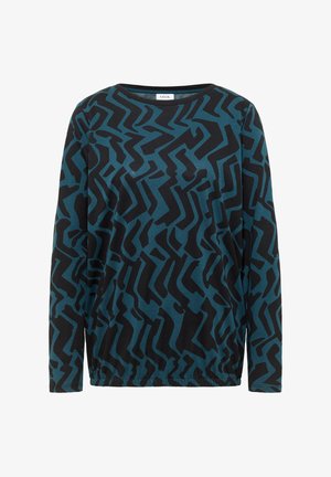 Camiseta de manga larga hecha de tela suave, con un patrón abstracto de zigzag en color verde azulado y negro, cuello redondo y ajuste holgado con dobladillo fruncido.