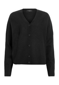 Svart cardigan med v-ringning, långa ärmar och sju knappar fram. Tillverkad av mjukt tyg med en något lös passform.