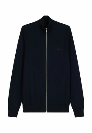 Pull en maille bleu marine à fermeture éclair intégrale avec poignets et col côtelés, arborant un petit logo rouge et blanc sur le côté gauche de la poitrine.