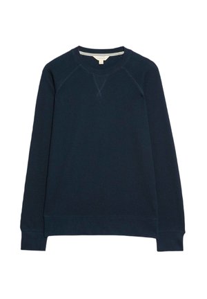Marineblauwe sweatshirt van ribbelstof met ronde hals, lange mouwen en ribgebreide manchetten. Heeft een subtiele naaddetail op de schouders.