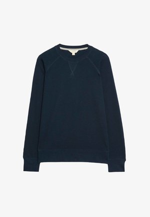 Navy blue sweatshirt in ribbed texture with round neck, long sleeves, and ribbed cuffs. Features a subtle seam detail on shoulders.