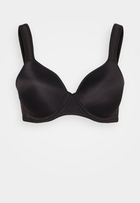 Schwarzer BH mit glatten, gepolsterten Cups, verstellbaren Trägern und einem schlichten Design. Keine sichtbaren Verzierungen oder Muster.