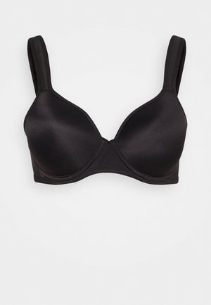 Crni grudnjak s glatkim, podstavljenim šalicama, podešivim trakama i jednostavnim dizajnom. Nema vidljivih ukrasa ili uzoraka.