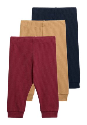 Tre par ribstrikkede baby leggings i vinrød, beige og marineblå, stablet lodret med elastiske linninger og manchetter ved anklerne.