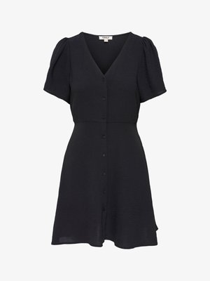 Robe noire à manches courtes avec col en V, boutons sur le devant au centre, épaules légèrement bouffantes, et jupe évasée.