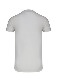 T-shirt blanc uni à manches courtes, vu de dos avec un col rond, sur fond blanc.