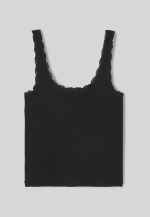 Débardeur côtelé noir avec bordure en dentelle le long de l'encolure et des bretelles, posé à plat sur un fond gris.