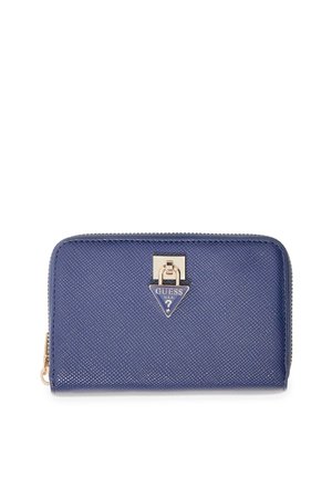 Blauwe textuurige ritsportemonnee met gouden driehoekig Guess-logo plaatje en sluiting aan de voorkant.