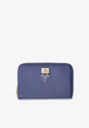 Blue textured zip-around wallet with gold-tone triangular Guess logo plaque and clasp on front.