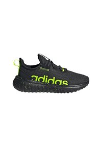 Baskets en mesh noir avec logo "adidas" vert vif, surface texturée, accents verts et semelle noire mouchetée. Équipées d'un système de laçage.