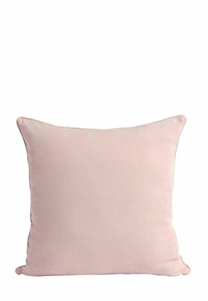 Square soft pink decorative pillow with a smooth fabric texture on a white background.