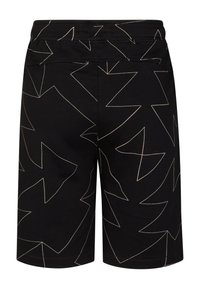 Czarne szorty z geometrycznym wzorem liści w jasnobeżowym kolorze, wykonane z gładkiej tkaniny, z elastycznym pasem i przeszywanym brzegiem.