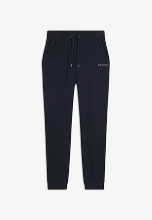 Joggers navy con cintura elástica y cordón ajustable. Presentan bolsillos laterales y un pequeño logo dorado en la pierna izquierda. Textura de tela suave.