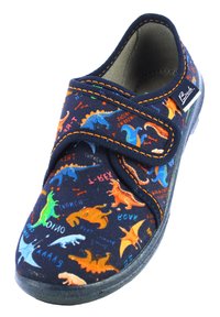 Navyfarbener Stoffschuh mit Klettverschluss, der ein buntes Dinosaurier-Muster in Orange, Blau, Grün und Gelb auf dem Obermaterial aufweist.