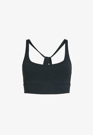 Svart sport-bh med fyrkantig ringning, justerbara band och en knutdetalj baktill. Tillverkad av mjukt, stretchigt tyg.