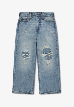 Lyseblå denimjeans med vide ben, der har flossede huller og slidte detaljer på begge lår samt klassisk femlomme-design.