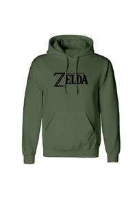 Olivově zelená Mikina s klokaní kapsou, která na hrudi nese černý potisk "THE LEGEND OF ZELDA". Klasický střih přes hlavu.