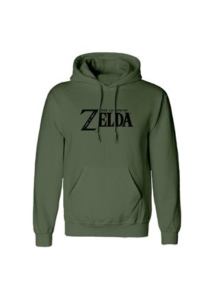Olive green hoodie with a kangaroo pouch, featuring a black printed “THE LEGEND OF ZELDA” logo across the chest. Classic pullover design.