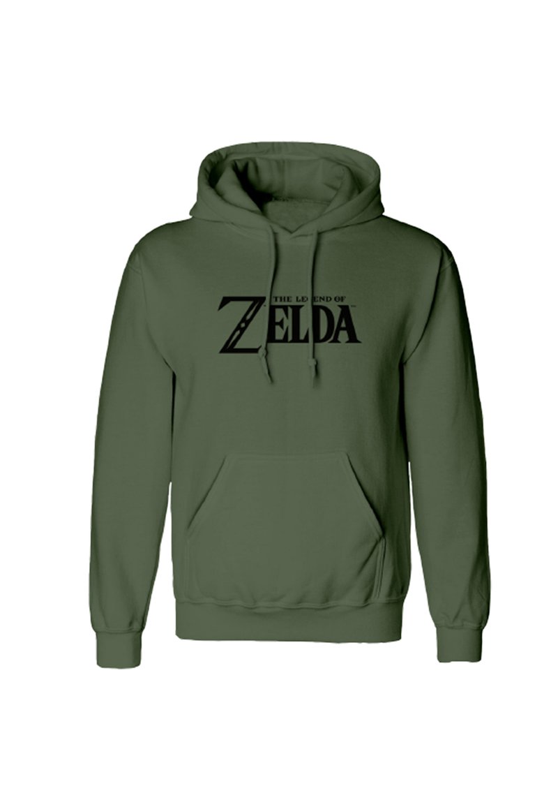 Olivově zelená Mikina s klokaní kapsou, která na hrudi nese černý potisk "THE LEGEND OF ZELDA". Klasický střih přes hlavu.