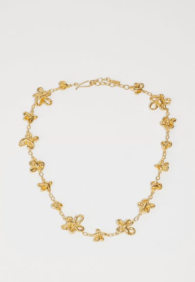 Goldkette mit strukturierten, floralen Gliedern und einem Verschluss. Das Design umfasst abwechselnde Muster und eine polierte Oberfläche.