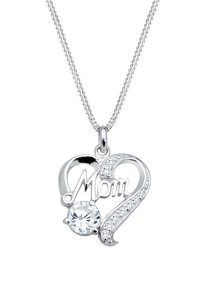 Silberner herzförmiger Anhänger mit dem Schriftzug "Mom", eingebetteten Kristallen und einem großen, runden, klaren Edelstein an einer silbernen Halskette.