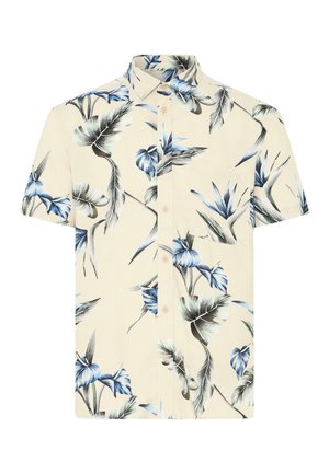 Cămașă crem cu mâneci scurte, cu model tropical de frunze și flori albastre și negre, închidere cu nasturi în față și buzunar la piept.