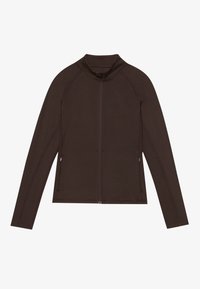 Chaqueta marrón de manga larga con cremallera y cuello alto. Cuenta con mangas raglán, costuras planas y dos bolsillos laterales. Fabricada con una tela suave y elástica.