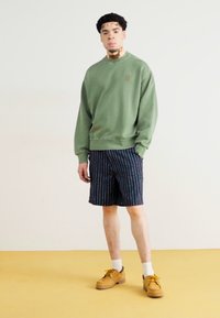 Grønn hettegenser med rund hals, sammen med marineblå shorts med vertikale linjer. Modellen har på seg beige sko og hvite sokker.