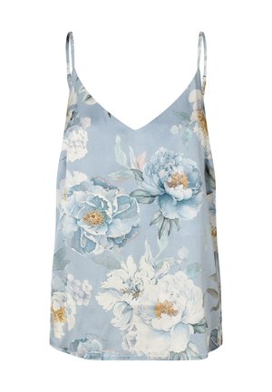 Camisole floreale azzurro chiaro con spalline sottili, decorata con grandi fiori di peonia bianchi e blu, con foglie verdi e centri gialli.